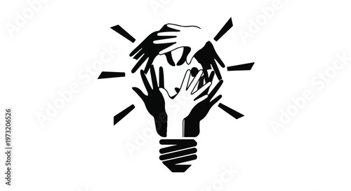 Diverse hands collaborate to form the glowing filament and body of a lightbulb, symbolizing collective ideas, teamwork, innovation, and shared creativity emerging from unity.
