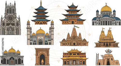 Vector Illustration of Different Architectural Landmarks Including Temples, Mosques, Churches, and Palaces on White Background