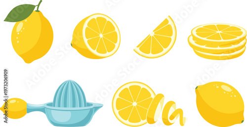 Lemon Fruit Collection Featuring Whole Citrus Halves Slices Juice and Kitchen Juicer Elements for Fresh Food Illustration and Healthy Beverage Design Set