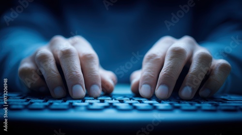 Close up of hands typing on a computer keyboard in a dimly lit, blue-toned environment, suggesting digital work or online activity