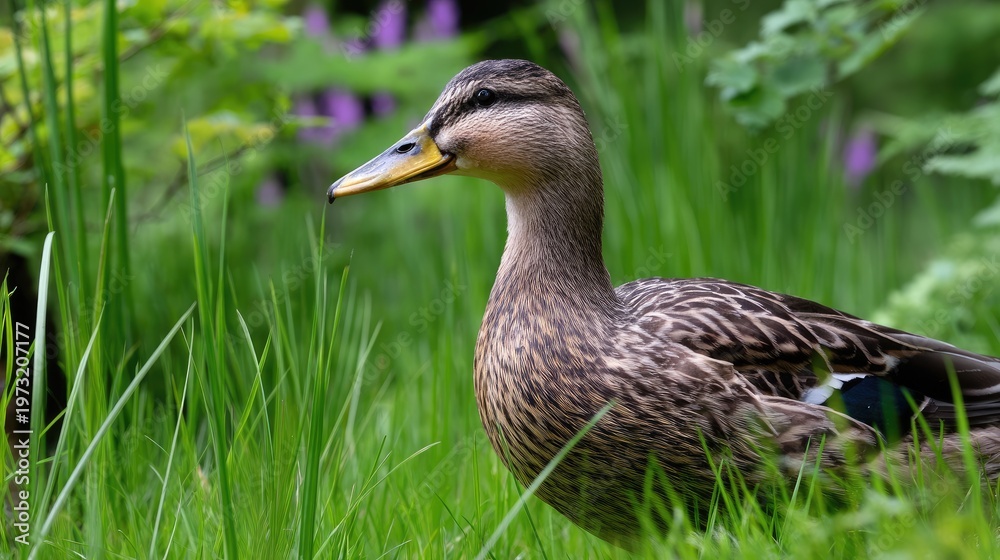 Obraz premium Close-Up of a Duck in Lush Green Grass Surrounded by Vibrant Nature and Colorful Flowers in a Tranquil Outdoor Setting