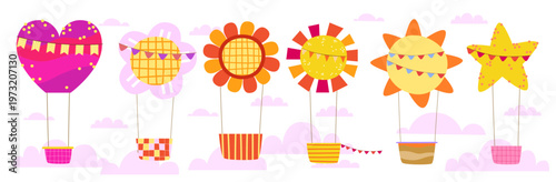 Set of six creative hand drawn hot air balloons shaped like a heart flower sun and star with flags for romantic celebration kids party or spring event