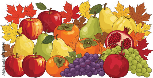 Vector Illustration of Seasonal Autumn Fruits Including Apples, Pears, Grapes, and Pomegranates with Fall Leaves