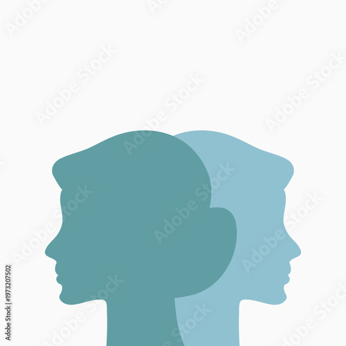Two white and black head silhouettes on turquoise blue background. psychology, diversity, tolerance and opposites concept. flat design. eps 8 vector illustration, no transparency, no gradients . 