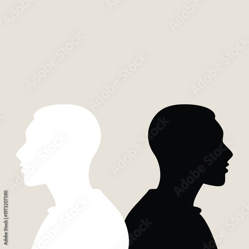 Two white and black head silhouettes on turquoise blue background. psychology, diversity, tolerance and opposites concept. flat design. eps 8 vector illustration, no transparency, no gradients . 