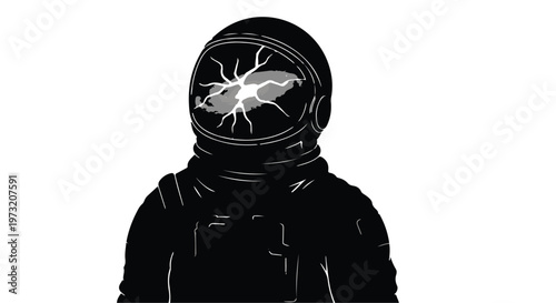 Astronaut wearing a space helmet with a dramatic crack or lightning bolt pattern inside the visor, presented in a stark black and white illustration style against a clean white background.