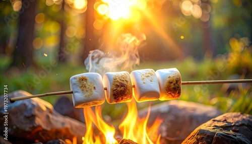 Roasted marshmallows on a stick over a campfire