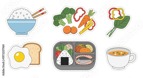Collection of healthy cartoon food icons including bento box, rice, vegetables, and more.