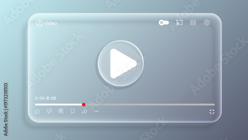 Liquid Glass Video Player UI Template. Transparent Glassmorphism Media Interface for Web and Mobile App Vector Illustration