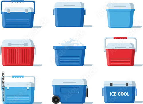 Portable Cooler Box Collection Featuring Ice Chest Picnic Storage Containers for Camping Travel Fishing and Outdoor Food Preservation Equipment Design Set