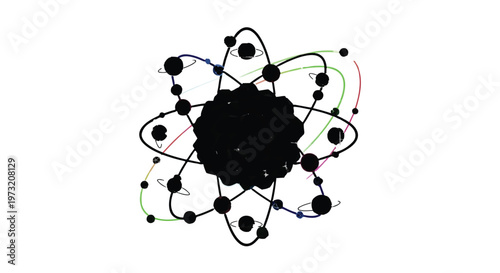 Complex abstract atomic structure features a central core, orbiting nodes, and colorful connecting pathways, symbolizing scientific research, data networks, or technological connections.