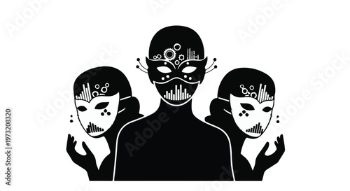 Three stylized human figures wearing intricate, futuristic masks represent themes of identity, anonymity, and hidden personalities in a striking black and white composition.