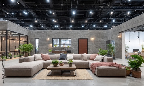 Spacious modern living room showroom with large sectional sofa, coffee table, and potted plants