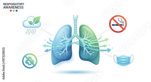Illustration of human lungs with icons representing clean air, pollution, and respiratory health on a white background.