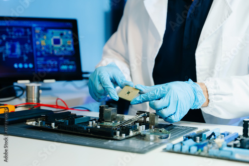 Technician inspecting computer motherboard with magnifying glass in a high-tech electronics lab, focusing on hardware diagnostics, cybersecurity system