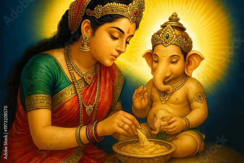 Goddess Parvati lovingly creates her son Ganesha from turmeric paste and breathes life into him