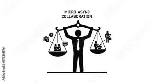 Silhouette illustration depicts a figure balancing a scale with icons representing digital asynchronous collaboration on one side and traditional teamwork on the other, conveying modern work.