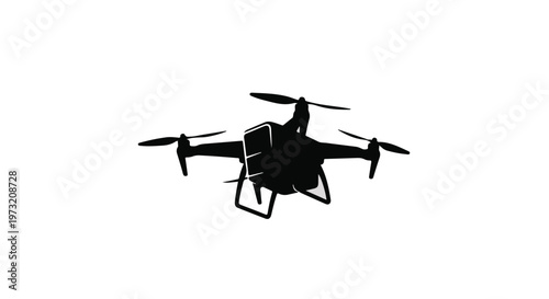 Modern quadcopter drone is depicted as a stark black silhouette illustration, conveying advanced aerial technology and flight against a clean white background.