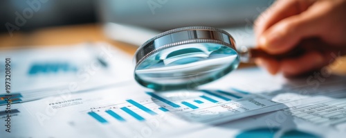 Close up of a magnifying glass over financial reports and charts, symbolizing analysis and research.