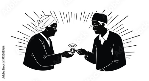 Two silhouetted people, an older woman and a man, are depicted in profile exchanging a modern key adorned with a wireless symbol, emphasizing concepts of digital access, smart technology, and secure.