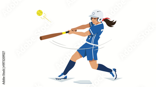 Female Softball Player Swinging Bat Hitting Ball During Game.
