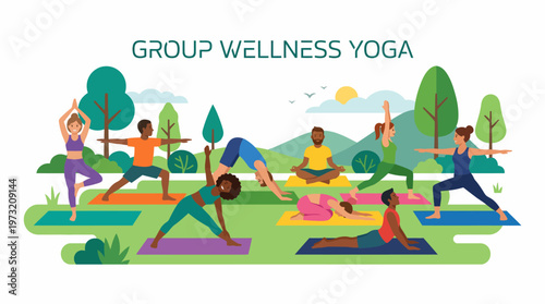 Group of People Practicing Yoga Outdoors for Wellness and Health.