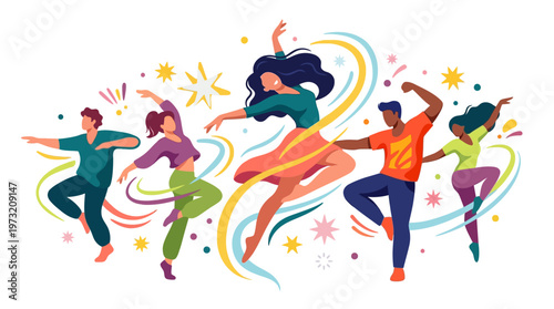 A vibrant vector illustration celebrates International Dance Day, portraying diverse characters in dynamic poses against a white background, infused with bright colors and swirling art
