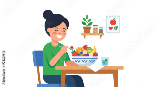 Happy woman enjoying a bowl of fresh colorful fruit at the table.