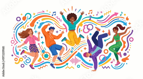Colorful vector illustration depicting people celebrating International Dance Day with dynamic dance moves against an abstract background of swirling lines and musical notes