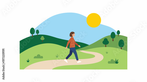 Illustration of a person walking on a path in nature with trees and sun.