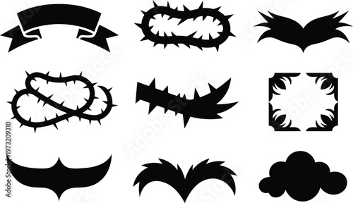 Collection of graphic design elements including a banner thorny crowns decorative frames and abstract shapes isolated on transparent background