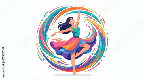 An artistic vector illustration for International Dance Day showcases a graceful female character dancing with vibrant swirling colors in the background, symbolizing a global event