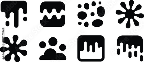 Collection of eight stylized black ink blot and drip icons representing different fluid shapes and textures
