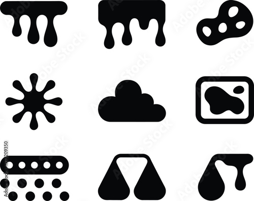 Collection of abstract black graphic symbols representing drips splashes clouds and abstract shapes isolated on transparent background