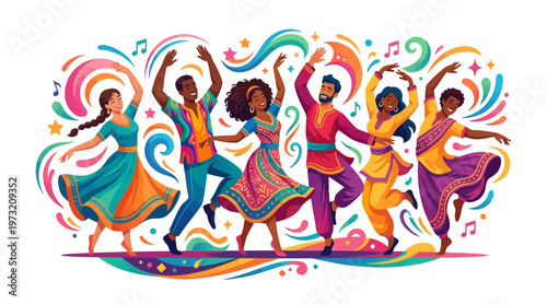 Vibrant vector art depicting diverse people celebrating International Dance Day with dynamic poses against a white backdrop, using a colorful, swirling design to convey movement and joy