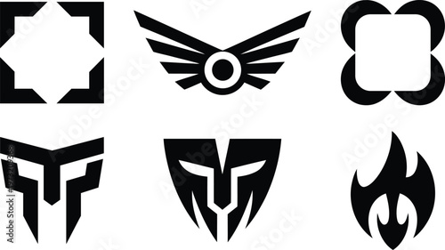 Collection of six stylized black graphic symbols including wings helmet fire and abstract shapes isolated on transparent background