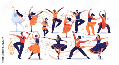 Whimsical vector art showcases diverse cartoon characters in dynamic dance poses, celebrating a Global Dance Festival event with musical note accents on a clean white background