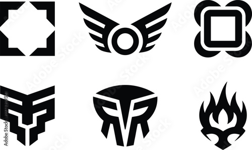 Collection of six abstract black graphic design logos and symbols isolated on a white background