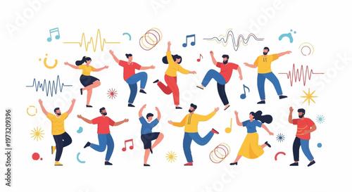 Vibrant vector art celebrates International Dance Day, depicting diverse characters striking dynamic poses against a white backdrop filled with musical notes and colorful shapes