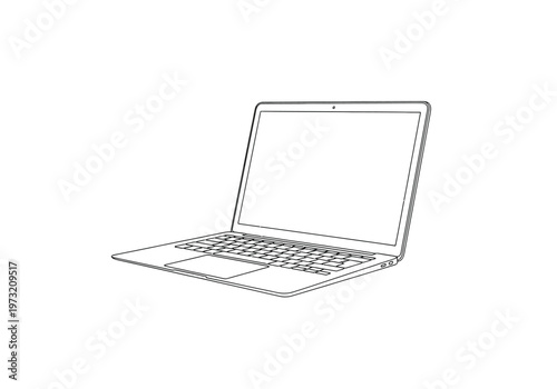 Modern laptop computer with a blank screen, ready for input or display, line art