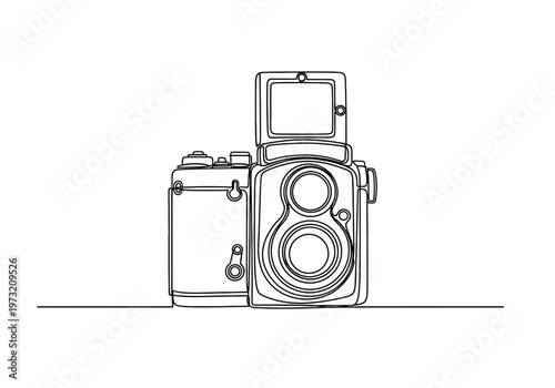 One continuous line drawing of a vintage twin lens reflex camera with viewfinder