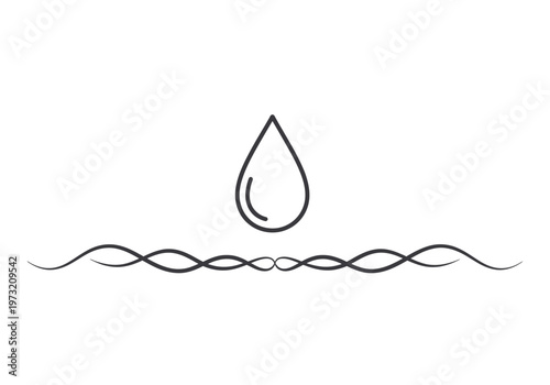 Single water drop outline above a wavy decorative line representing purity and liquid