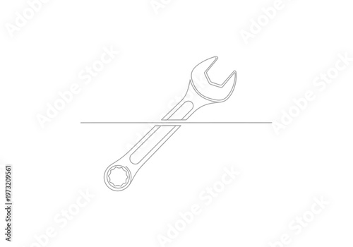 One continuous line art drawing of a wrench tool on a split or separated horizontal line