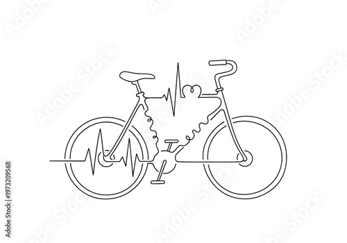 Bicycle one line drawing with heartbeat ekg pulse line illustration with continuous line