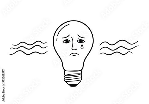 Sad crying light bulb with wavy lines illustrating energy crisis or power outage