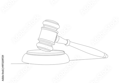 Single continuous line drawing of a wooden judge's gavel and sound block with artwork symboli