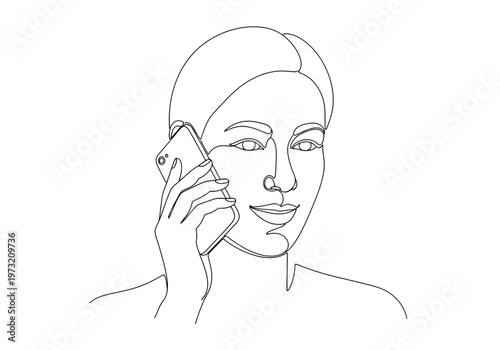 Minimalist line art illustration of a woman talking on a smartphone with a slight smile