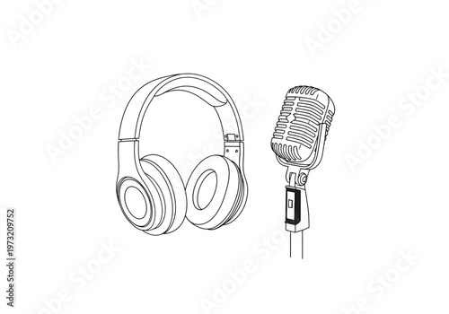 Detailed sketch drawing of over ear headphones next to a retro studio microphone