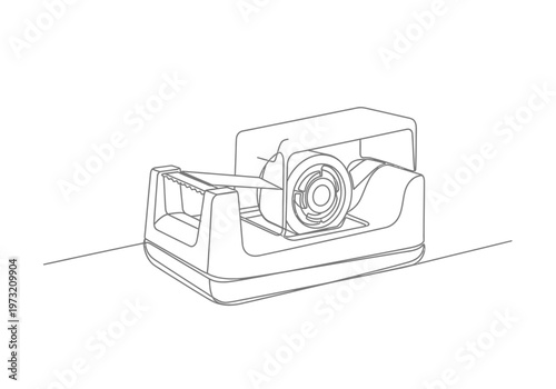 Desk tape dispenser with roll of adhesive tape line art illustration with drawing depicts