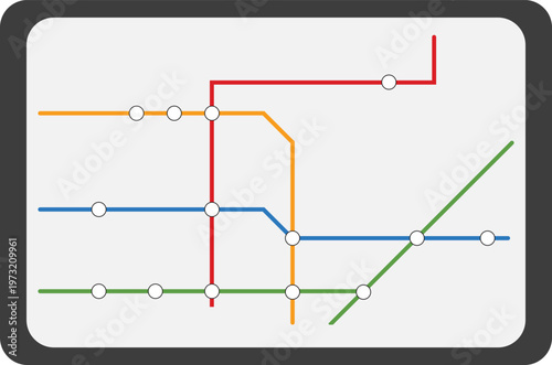 Vector illustration of a stylized metro or subway map displayed on a screen. Colorful transit lines with connection points represent an urban transportation network and route planning concept.